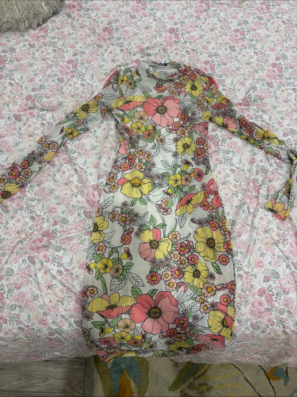 Floral Long Sleeve Bodycon Dress in Pink, Yellow & Green